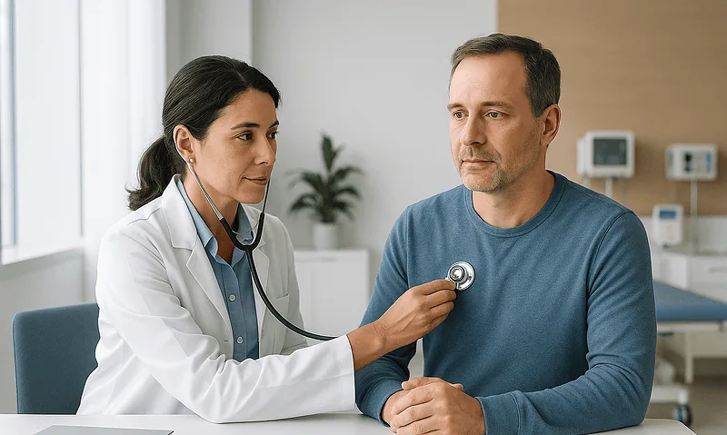 Doctor examining male patient in a clinic setting.