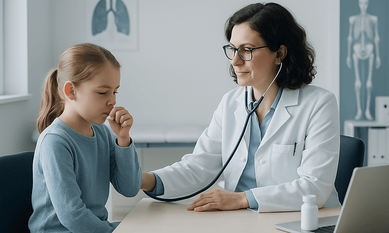 Pediatric doctor examining a young girl with a stethoscope in a medical office.