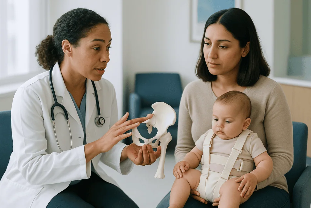 Pediatrician discussing hip dysplasia model with mother and infant: Why a baby's hip socket can still deepen: the biology th