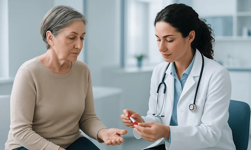 Doctor explaining blood test results to an elderly woman in a clinic.
