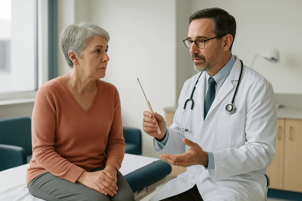 Doctor consulting with senior patient in clinic setting: Why a bone marrow biopsy for marrow failure is usually the decisive