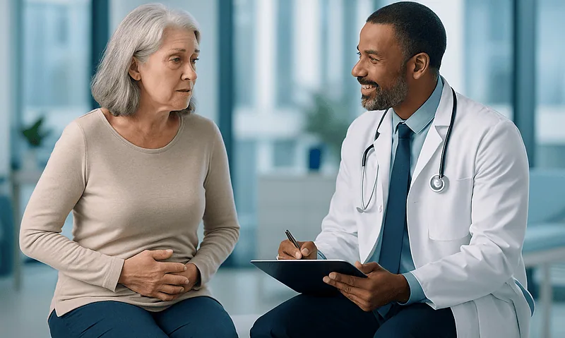 Doctor consulting with an elderly woman in a hospital setting.