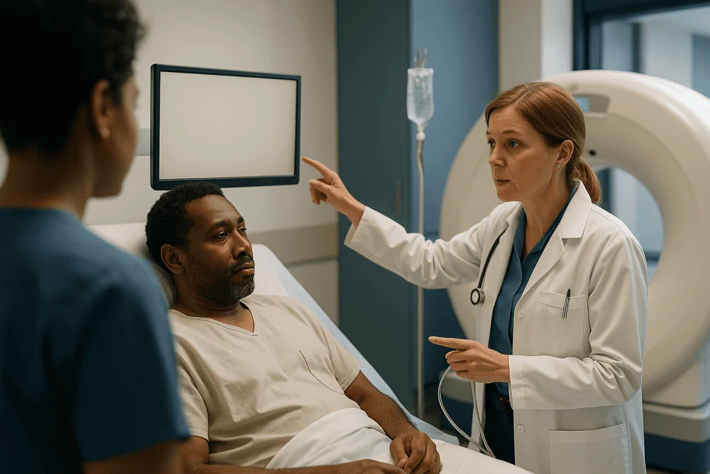 Doctor consulting patient with medical imaging equipment: Why a CT scan sometimes comes first, and why antibiotics never wai