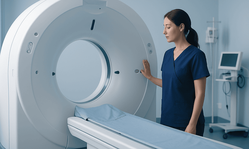 Why a Dental Assessment Comes Before Head Cancer Radiotherapy and What It Involves 4 Medical professional preparing for a CT scan in a hospital setting.