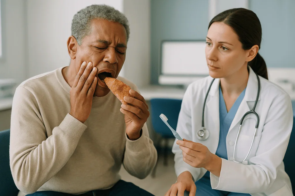 Senior man with toothache; dentist holding toothbrush during consultation: Why a dental bridge gets loose, or keeps breaking