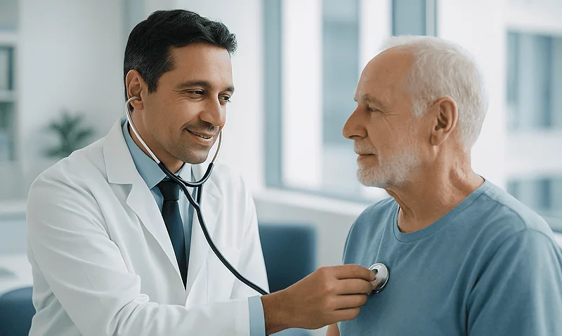 Doctor listening to senior patient's chest with stethoscope in clinic.