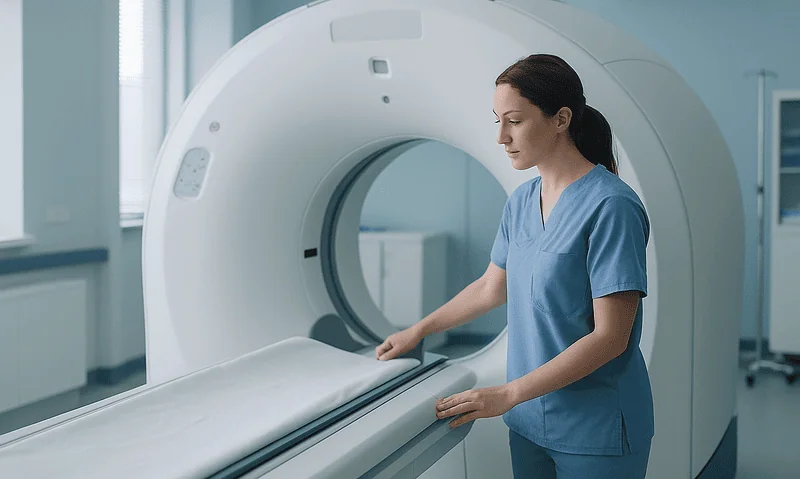 Medical professional preparing MRI scan in a hospital setting.