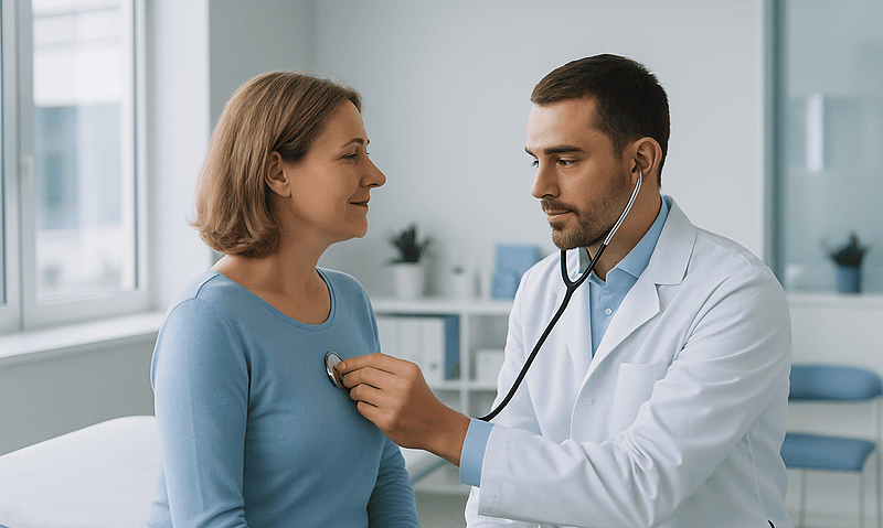 Doctor performs a health check on a woman in a medical clinic.