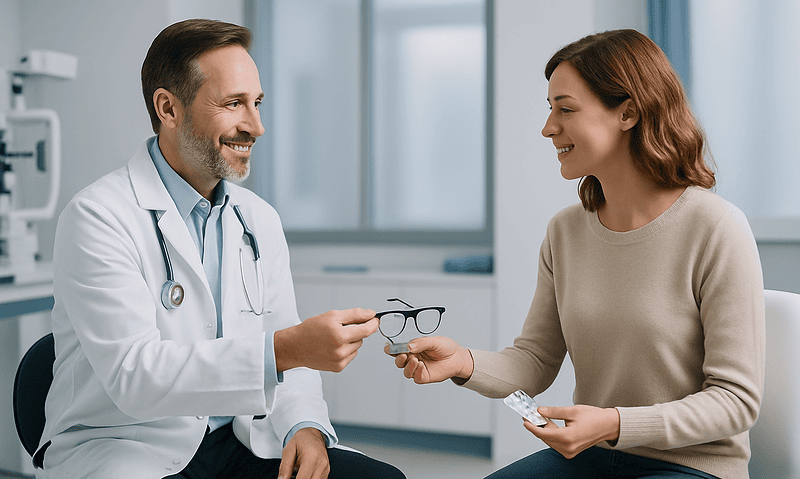Optometrist handing glasses to patient in consultation room.