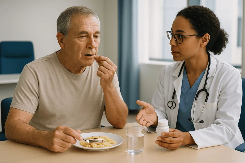 Doctor consulting patient about diet and medication compliance: Why a new stent needs protection while the artery heals