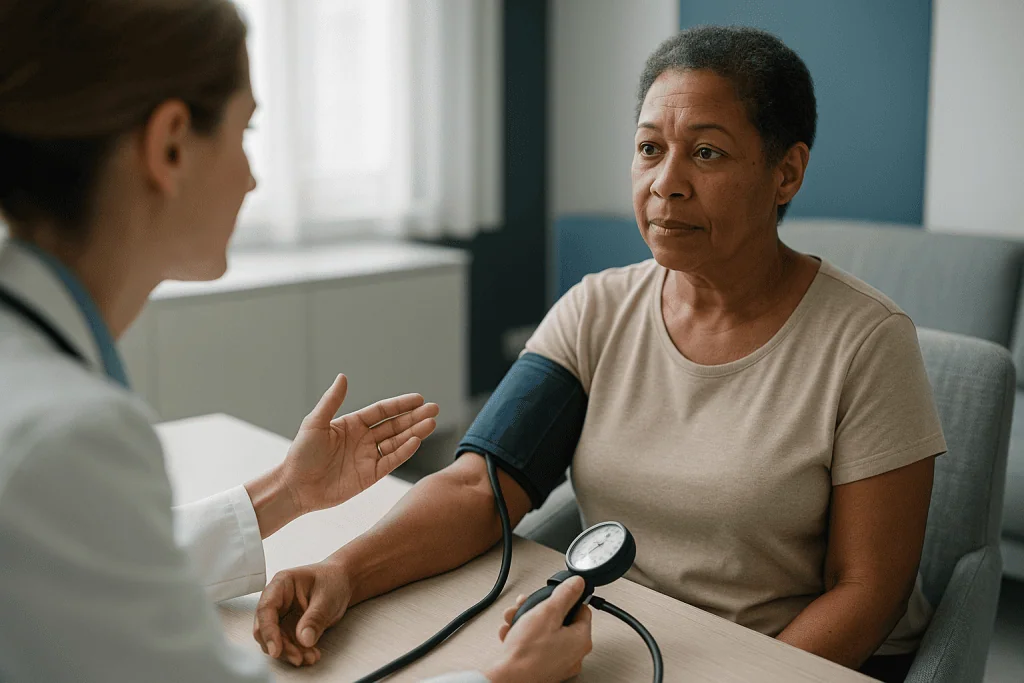 Doctor measuring blood pressure during patient consultation — Why a normal blood pressure cuff reading tells you nothing abou