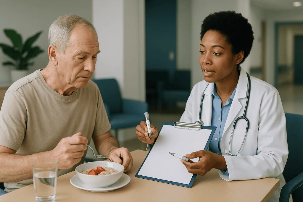 Doctor consulting with older male patient during meal: Why a "normal" PSA looks different after surgery, radiation and hormo