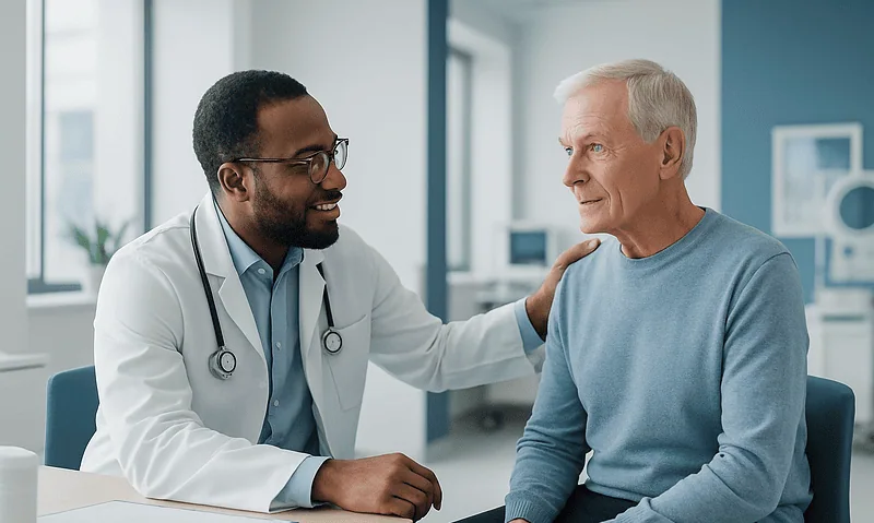 Doctor consulting with elderly male patient in a modern hospital setting.