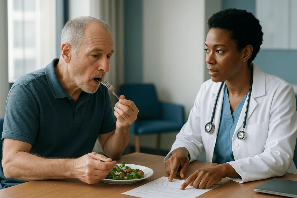 Doctor consulting patient about diet and health: Why a repeat PSA test is usually the first move