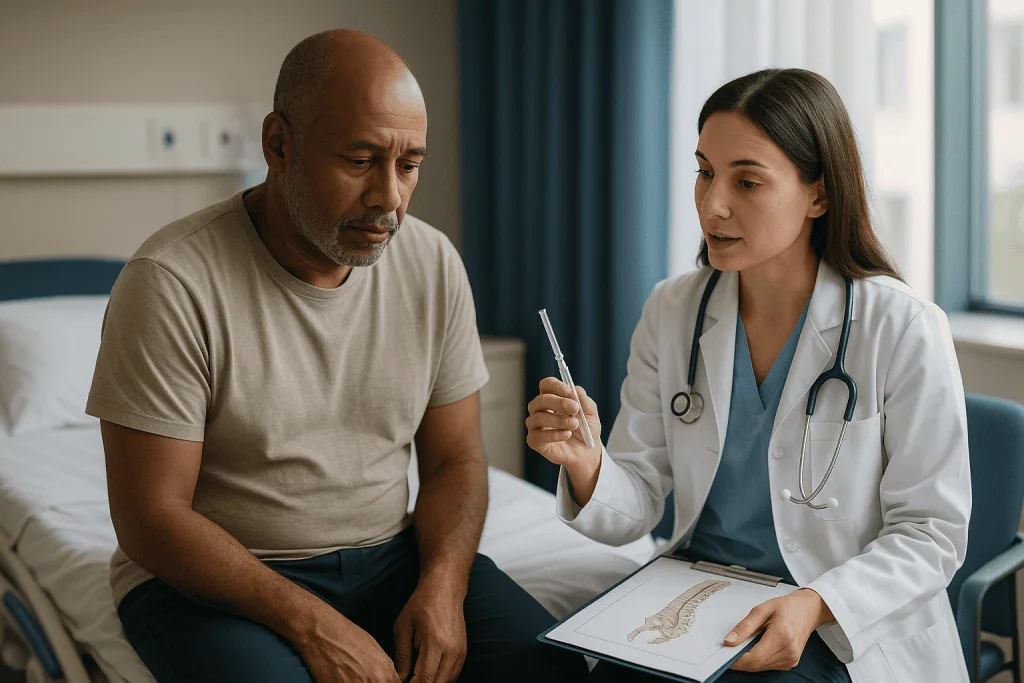 Doctor consulting patient in hospital room with diagram: Why a spinal tap for meningitis tells the team what blood alone can
