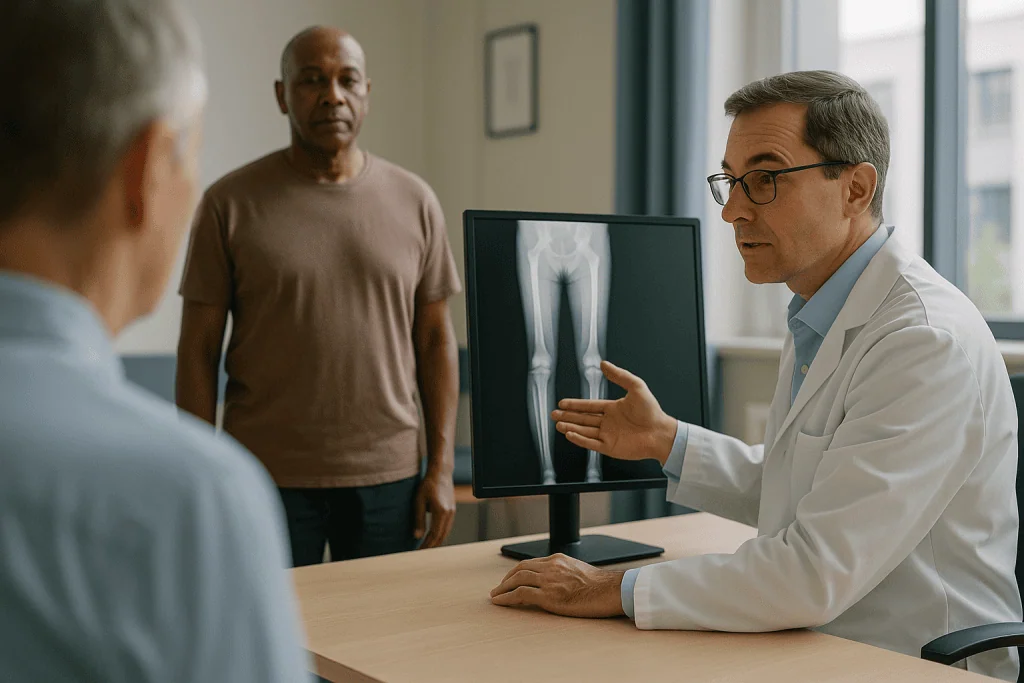 Doctor consulting patient about lower limb X-ray: Why a standing long leg X-ray is the workhorse
