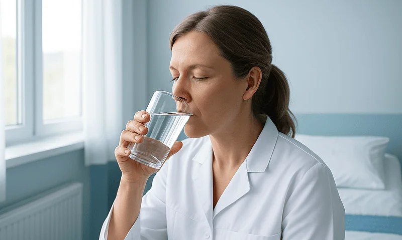 Woman drinking water in a hospital room for hydration and health.