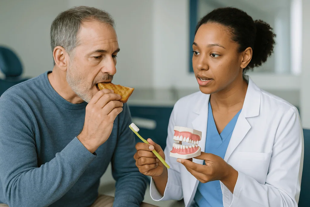 Dentist consulting patient about dental crowns and oral care: Why a zirconia crown cannot decay but the tooth and gum around