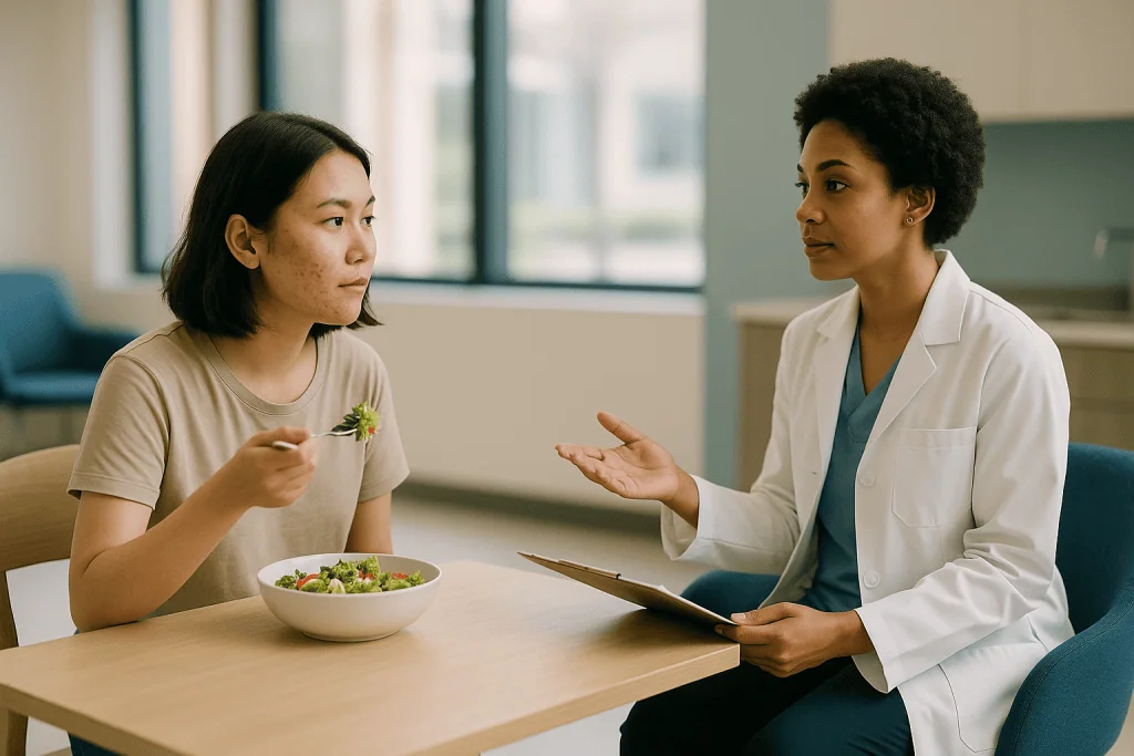 Patient consultation with dietitian about healthy eating: Why acne scars form, and why that caps what treatment can do