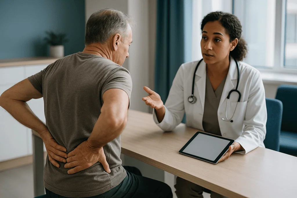Doctor consulting patient about back pain in office: Why "after conservative care falls short" is the key phrase