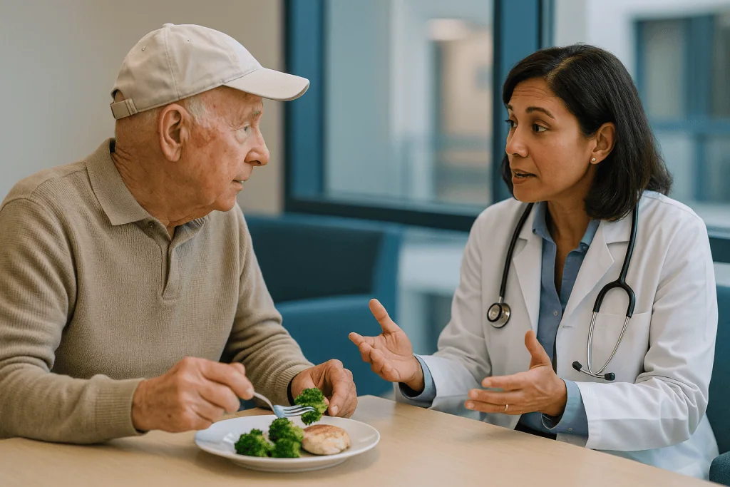 Doctor consulting elderly patient about diet with food plate: Why age by itself is rarely the deciding factor