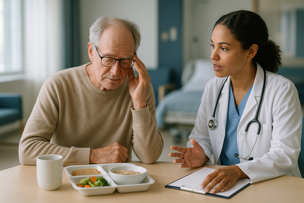Doctor consulting with elderly patient about meal plan: Why am I having cognitive problems?