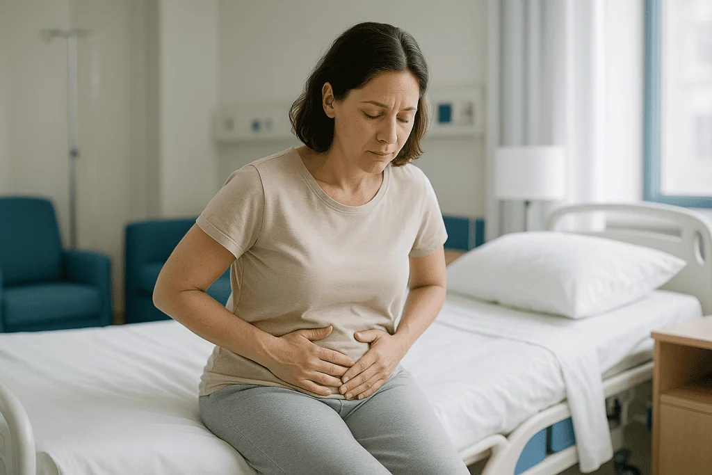 Woman experiencing abdominal pain while sitting on hospital bed: Why am I so bloated after ovarian cyst surgery?