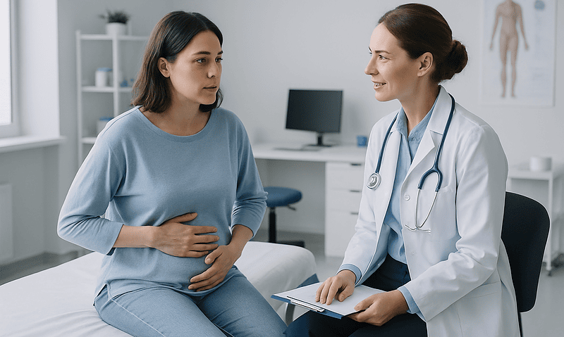Doctor consulting with a patient about bloating symptoms in a medical office.
