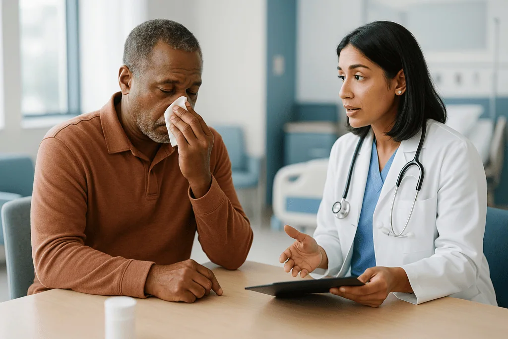 Doctor consulting patient in clinical office setting: Why an active sinus infection can postpone surgery