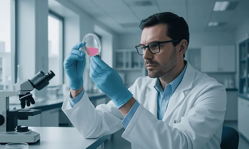 Scientist examining a pink liquid in a petri dish in a laboratory setting.