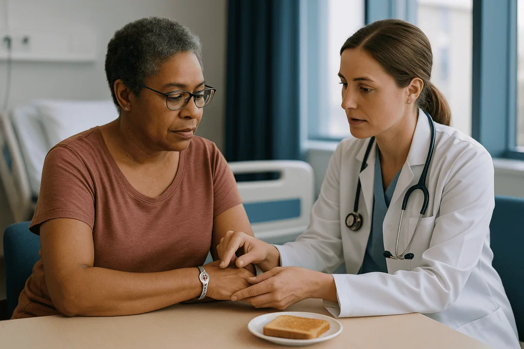 Doctor examining patient's wrist in clinical consultation: Why an adrenal insufficiency medical alert bracelet or card matte