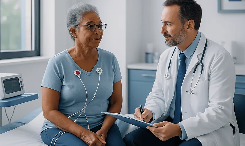 Doctor consulting with an elderly female patient in a hospital room.