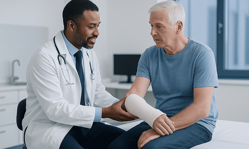 Doctor examining patient's arm with cast in a hospital room.
