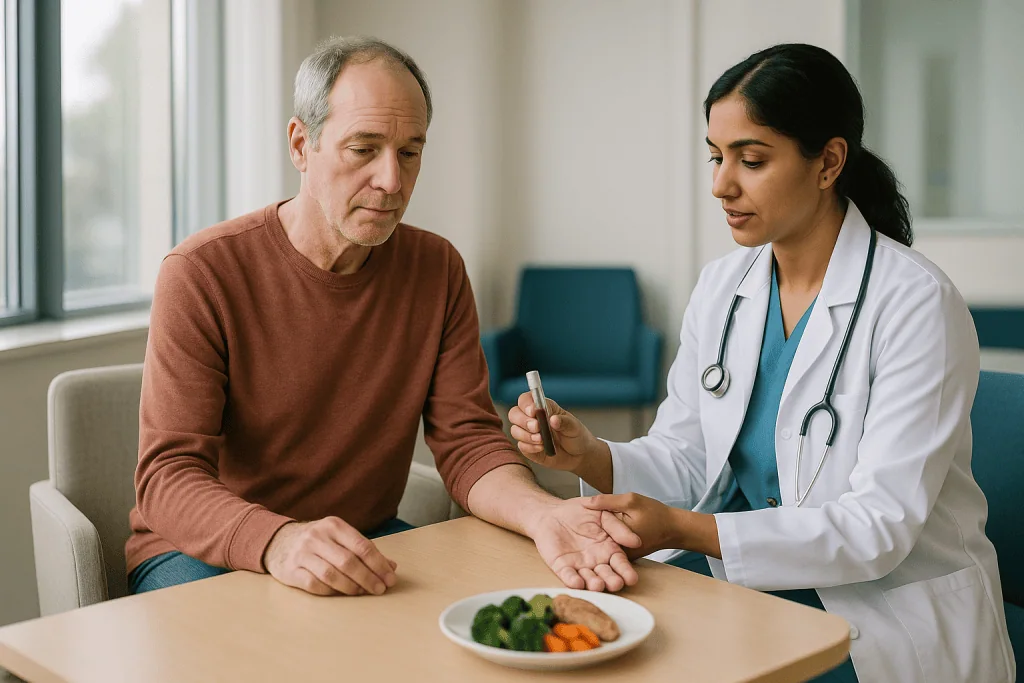 Doctor consulting with male patient about nutrition: Why anemia checks are the backbone of recovery after a GI bleed