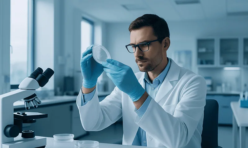 Researcher examining a petri dish in a laboratory setting.