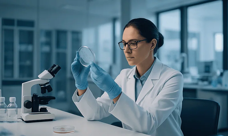 Scientist examining a petri dish in a modern laboratory setting.
