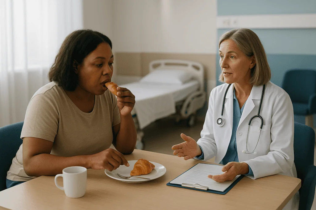 Doctor consulting patient over meal in hospital room: Why appetite comes back so quickly after semaglutide leaves the body