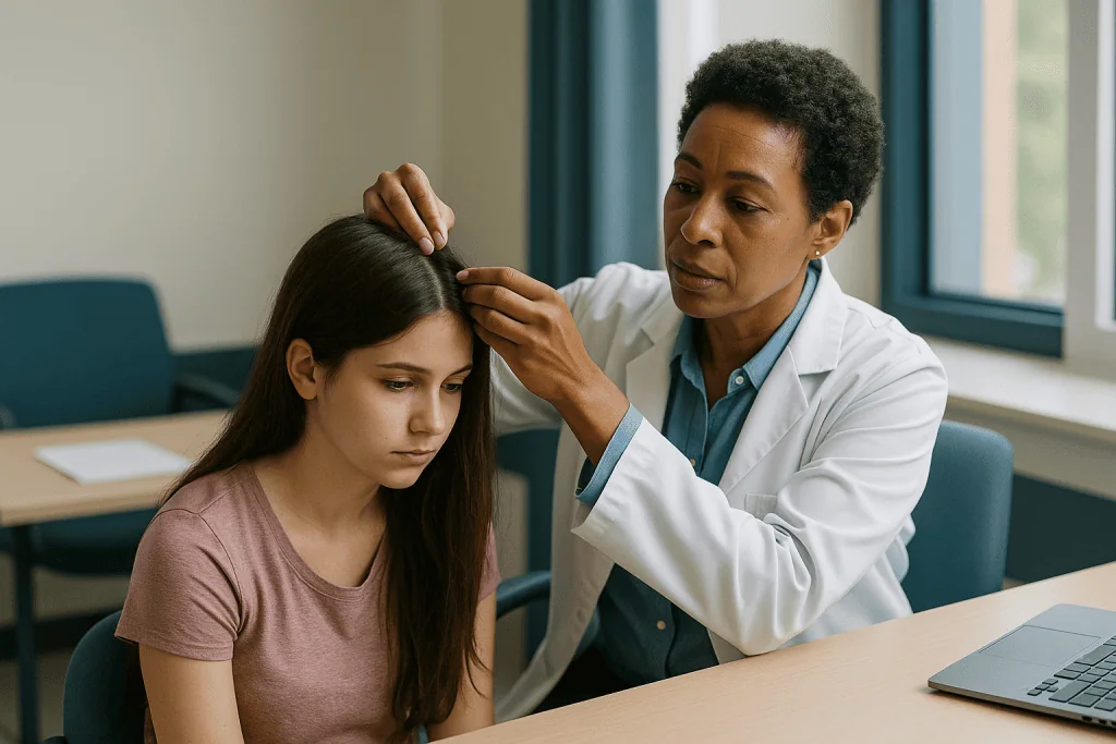 Doctor examining child's head and hair during consultation: Why are lice resistant to over-the-counter treatments?