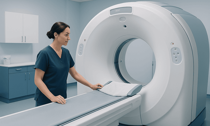 Medical professional prepares MRI machine for patient scan at Acibadem Hospital.