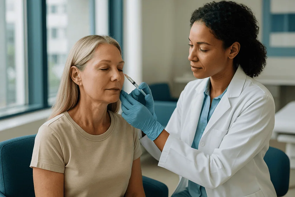 Medical professional applying treatment to patient's face — Why are salmon DNA injections trending right now?
