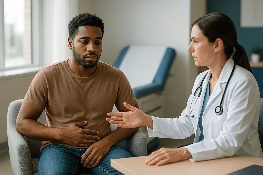 Doctor consulting with male patient about abdominal symptoms: Why are so many young adults getting colorectal cancer? The bi