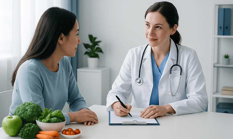 Doctor consulting with patient about vitamins after bariatric surgery.