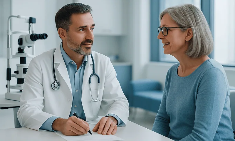 Optometrist consulting with an elderly patient in a modern clinic.