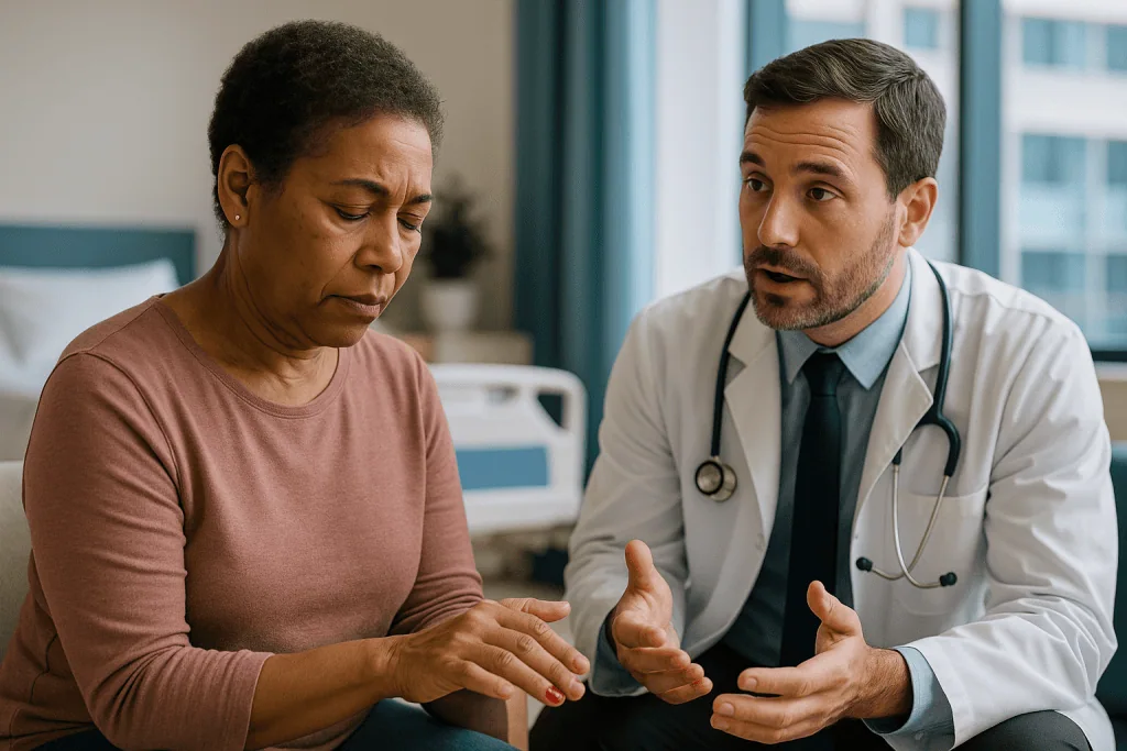 Doctor consulting with adult patient in hospital room: Why bleeding is more serious when platelet counts are low