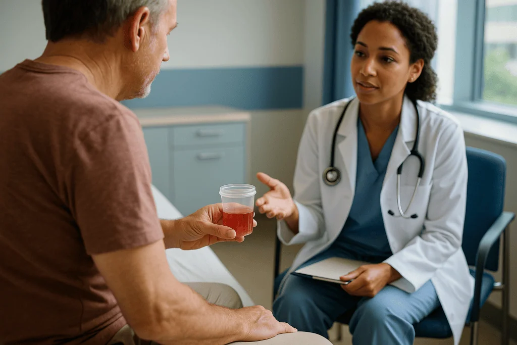 Doctor consulting with male patient in clinic office: Why blood in urine after ureteroscopy is expected, not a complication