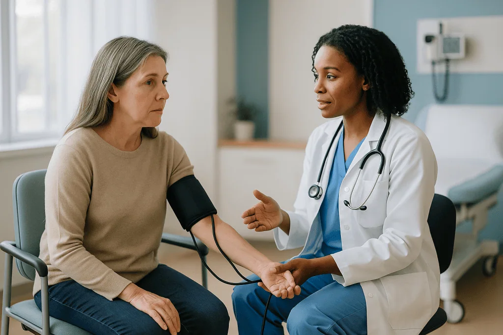 Doctor measuring blood pressure during patient consultation: Why blood pressure control comes first when treating polycystic