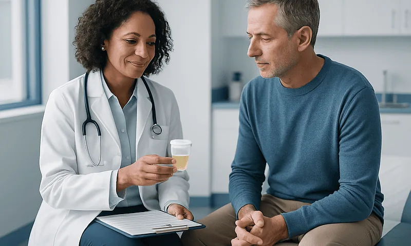 Doctor consulting with a patient about blood and urine tests for kidney disease.
