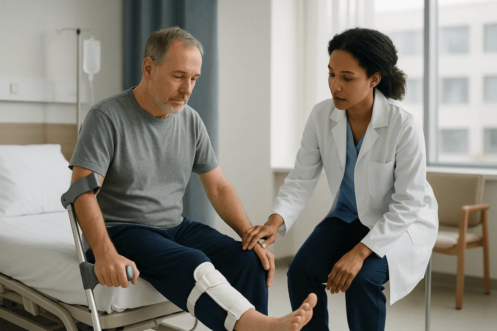 Doctor examining patient's bandaged leg in hospital: Why bone and soft tissue set the pace