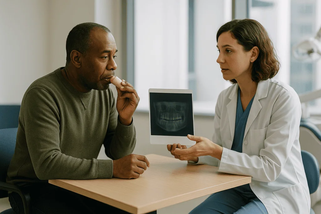 Dentist showing dental X-ray to male patient: Why bone graft advice differs so much between dentists