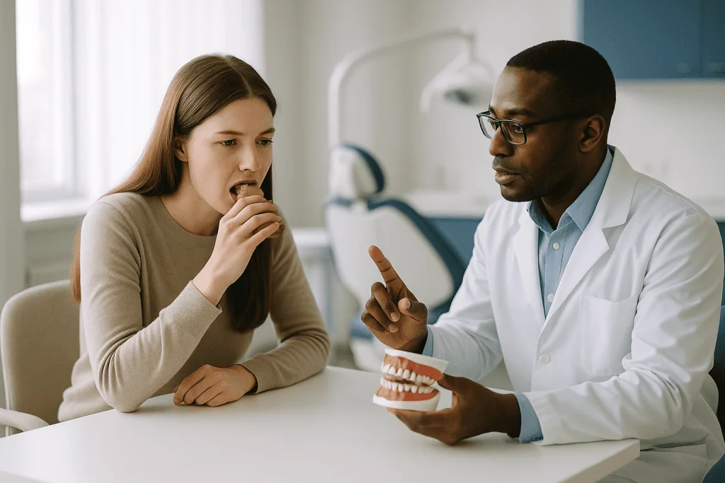 Dentist consulting patient with dental model: Why braces alone cannot always fix a skeletal bite problem